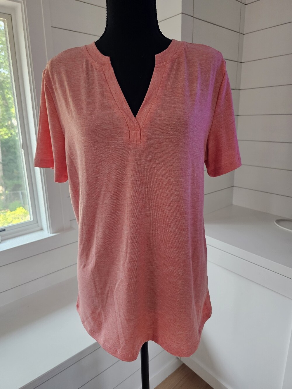 Women’s Split V-Neck Short Sleeve Tee in Coral Pink